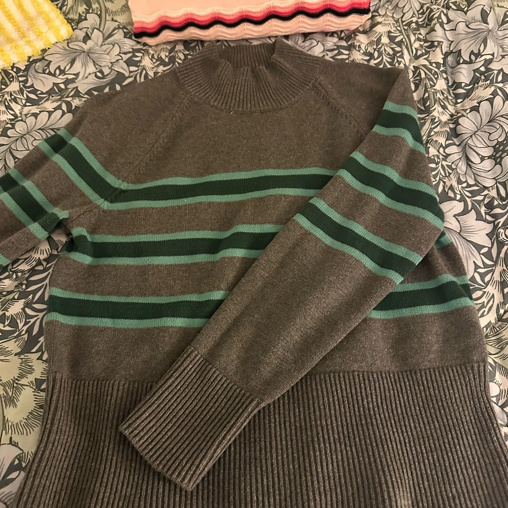 LOFT Charcoal and Teal Striped Crewneck Sweater